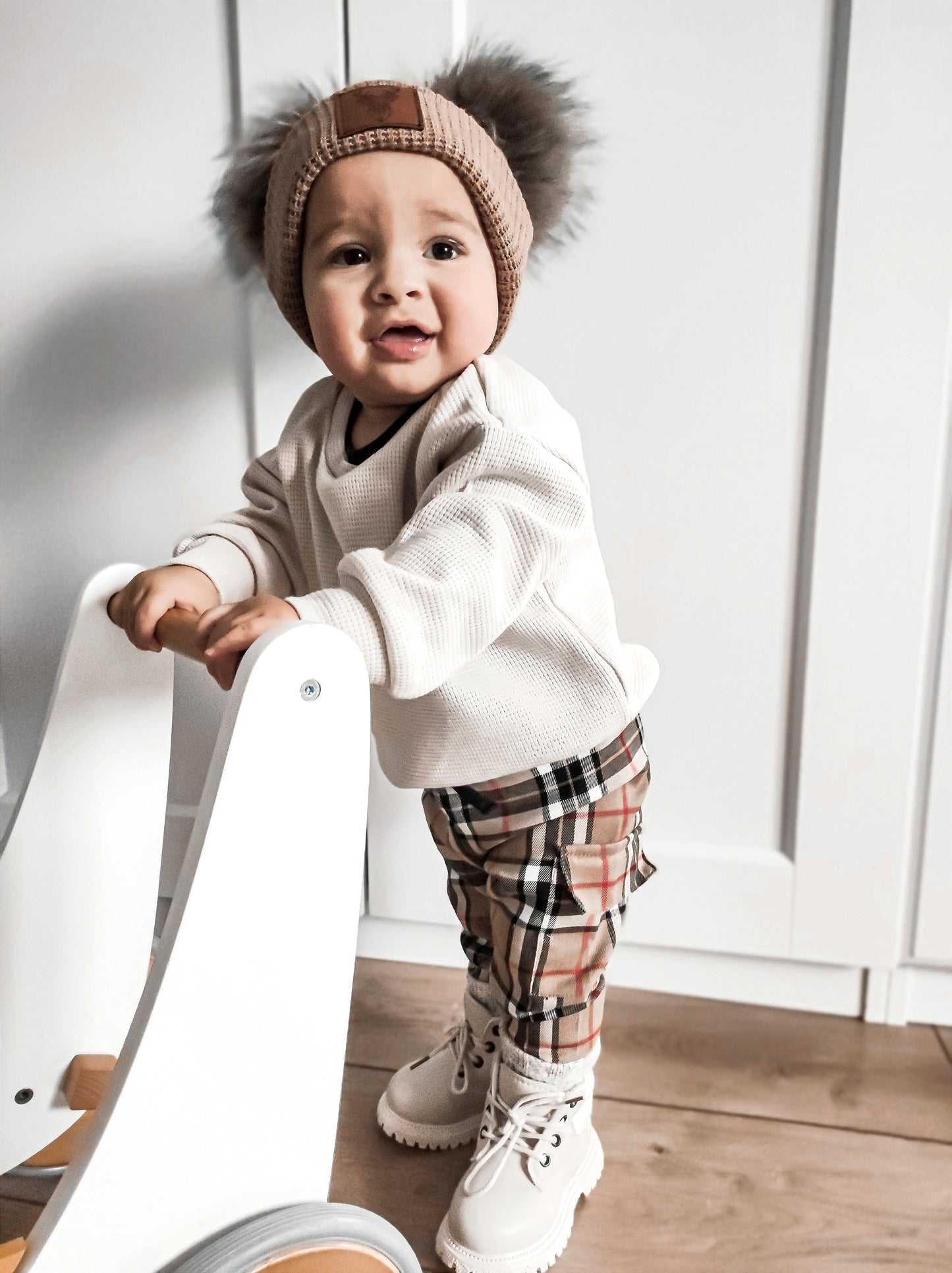 2-delige set | Trui Waffle Knit | Broek cargo Checks Camel