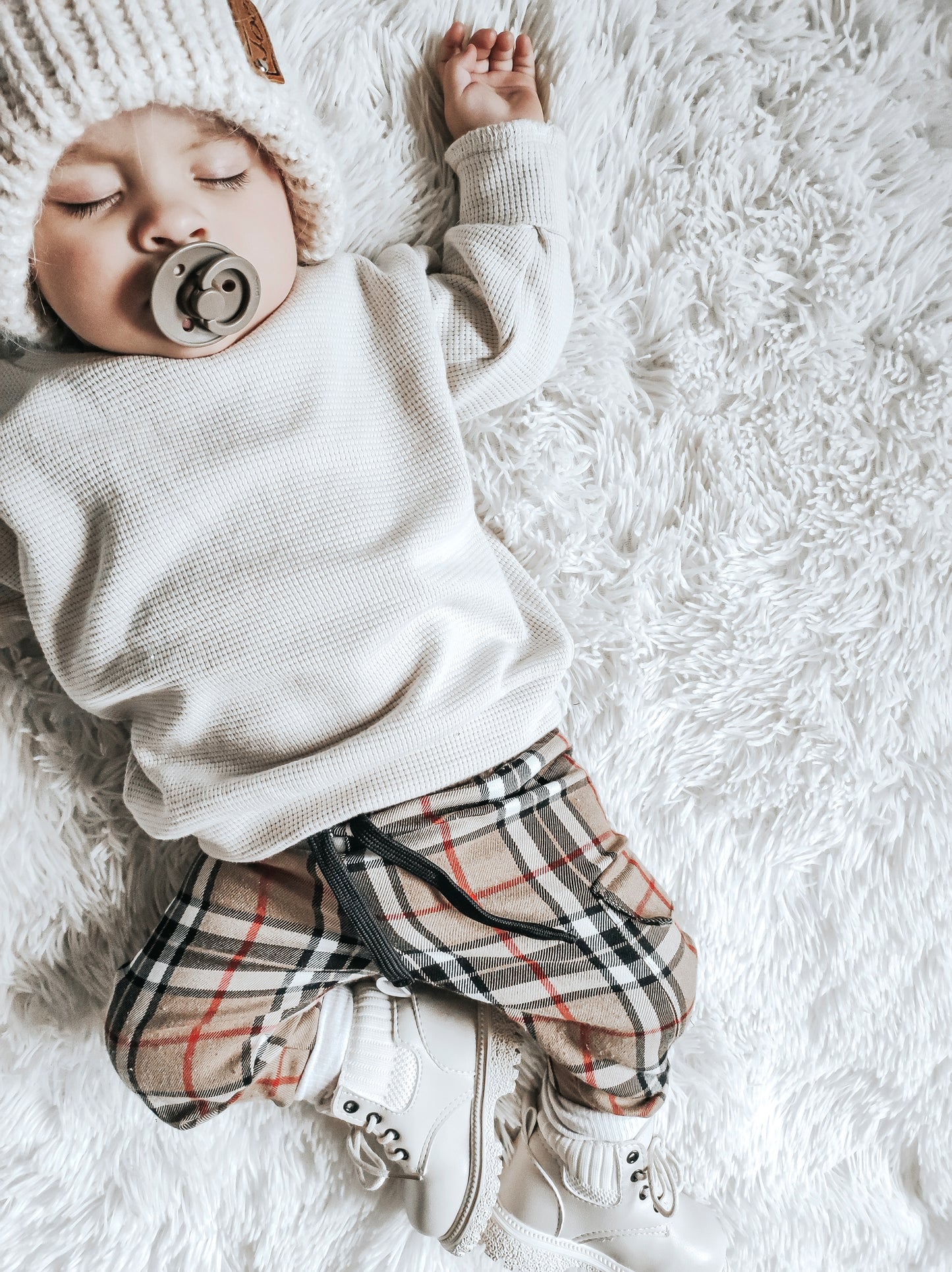 2-delige set | Trui Waffle Knit | Broek cargo Checks Camel