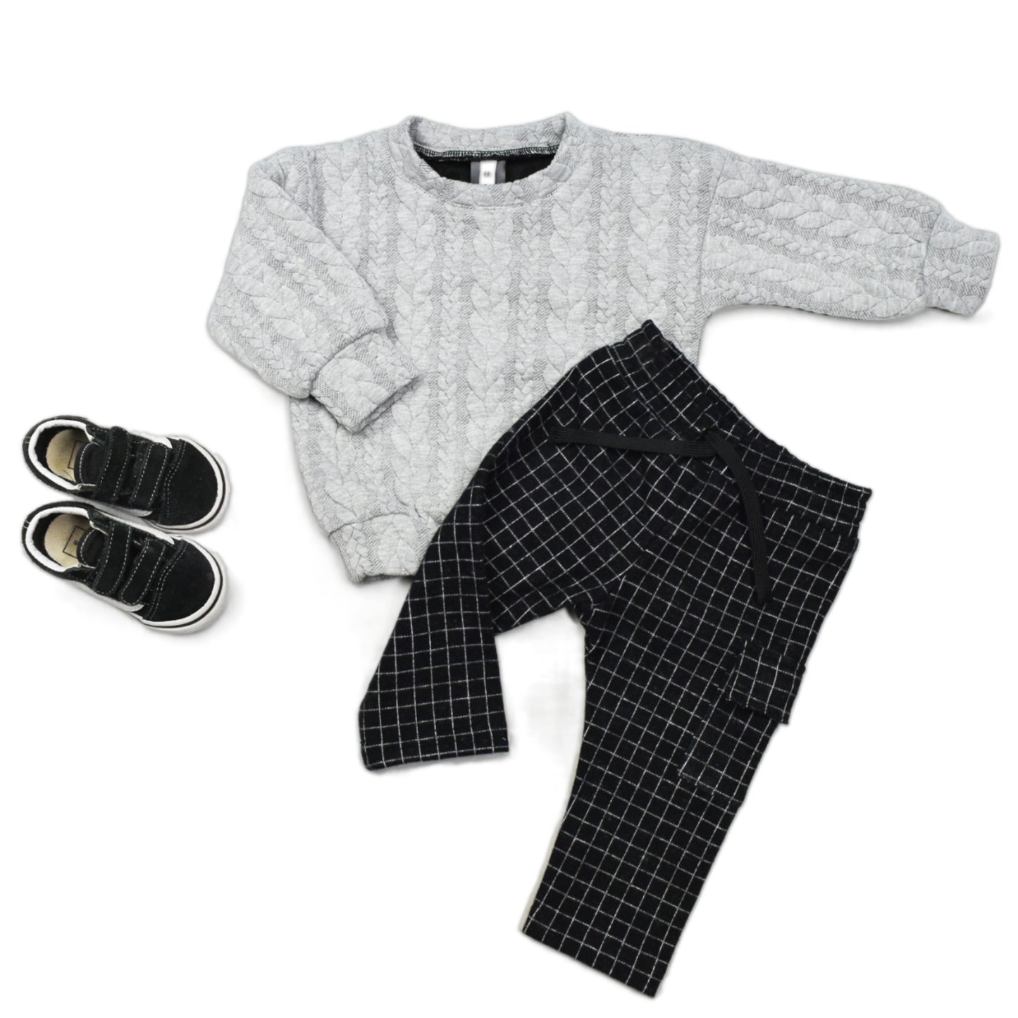 2-delige set | Sweater Cable Grey | Broek cargo Checks Black