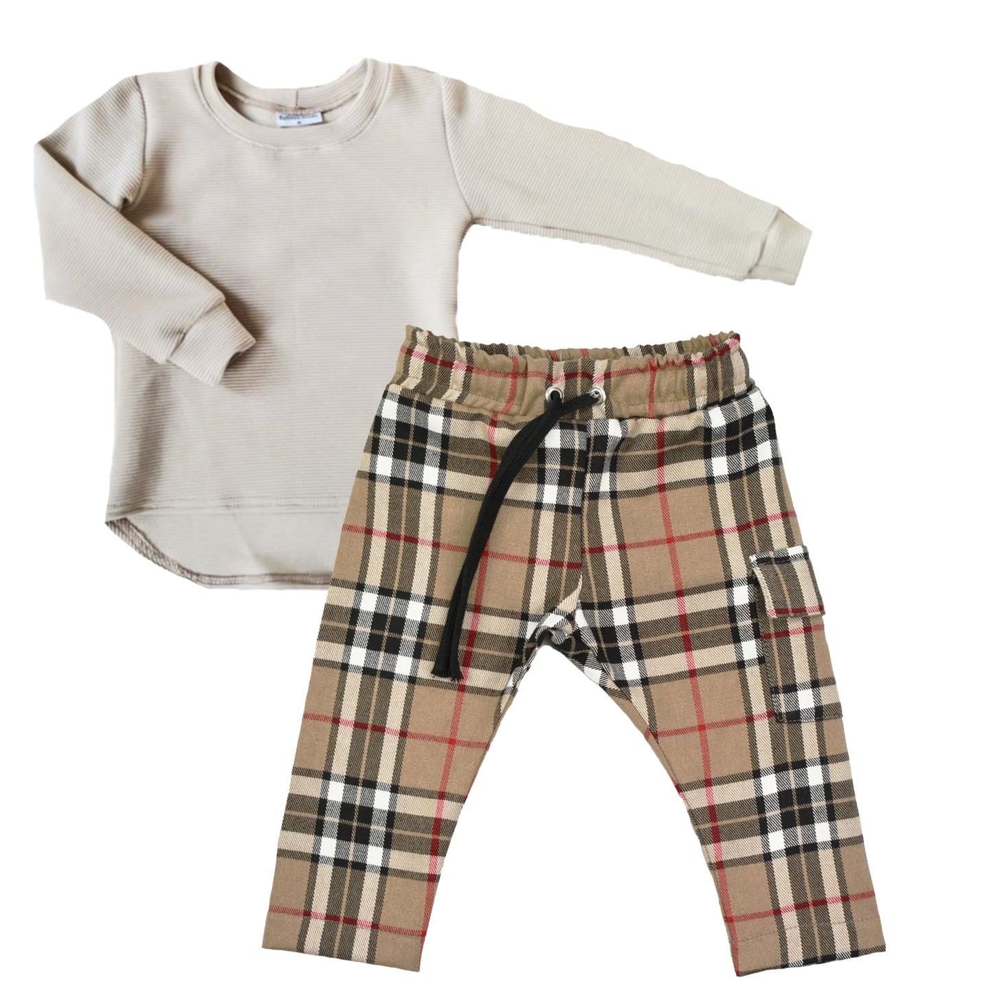 2-delige set | Longsleeve Rib Beige | Broek cargo Checks Camel
