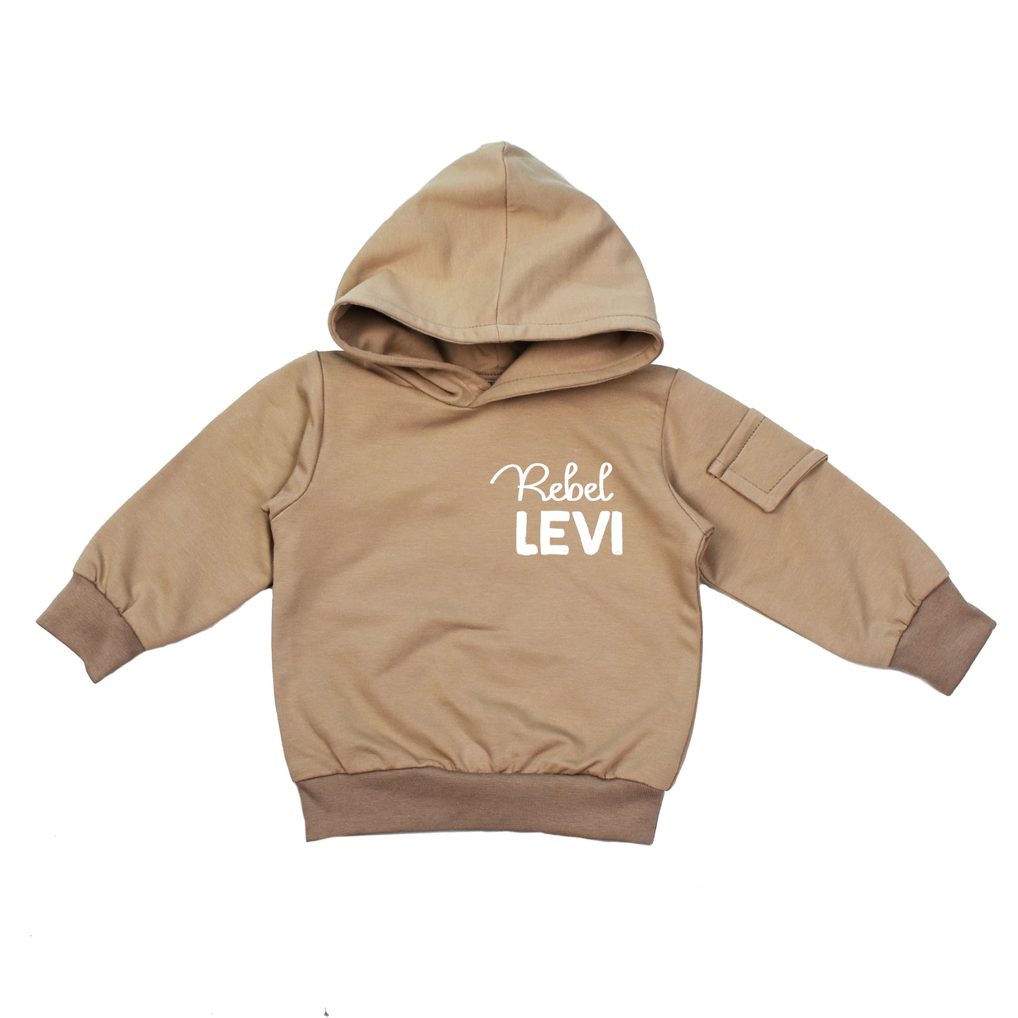 Baggy Hoodie met klepzakje | Rebel + Naam | Mokka | Handmade