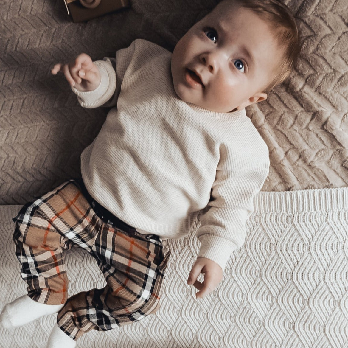 2-delige set | Trui Waffle Knit | Broek cargo Checks Camel