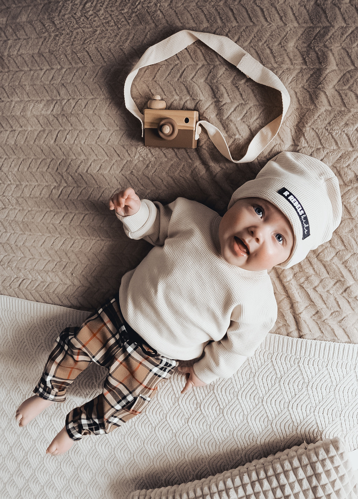 Broek met cargozakje | Checks Camel | Handmade